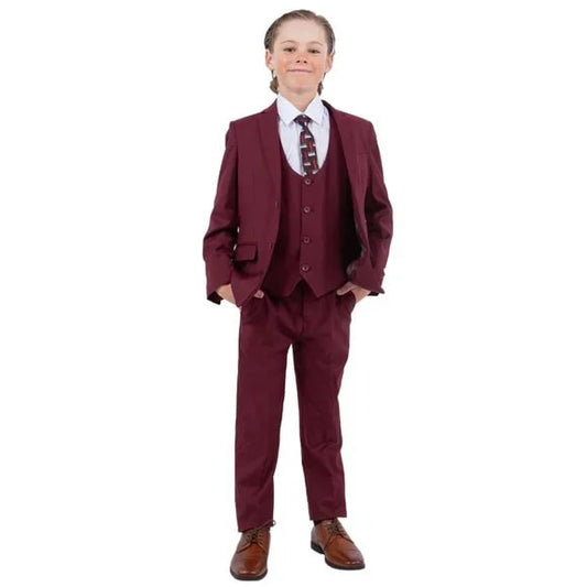 Exclusive Stacy Adams 5pc Boys Suit Solid Slim Fit, Burgundy - Men's Tuxedo USA