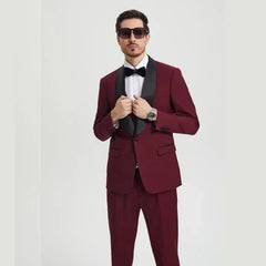 Stacy Adams 3pc Tuxedo Shawl Lapel, Burgundy Red - Men's Tuxedo USA