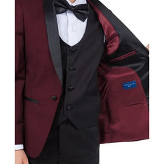 New Perry Ellis Boys Burgundy Tuxedo Set, Solid 5-Piece Black Shawl Collar - Men's Tuxedo USA