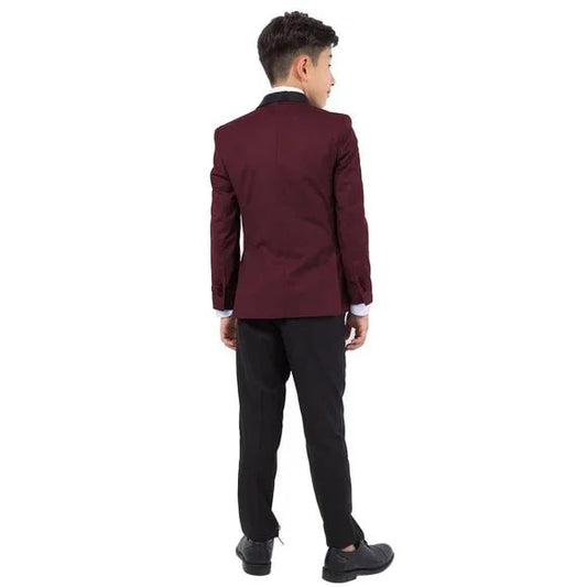 New Perry Ellis Boys Burgundy Tuxedo Set, Solid 5-Piece Black Shawl Collar - Men's Tuxedo USA