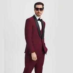 Stacy Adams 3pc Tuxedo Shawl Lapel, Burgundy Red - Men's Tuxedo USA