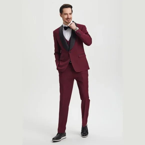 Stacy Adams 3pc Tuxedo Shawl Lapel, Burgundy Red - Men's Tuxedo USA