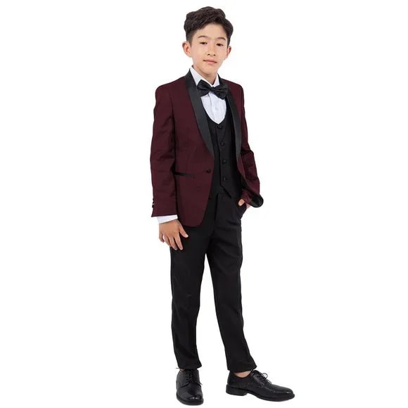 New Perry Ellis Boys Burgundy Tuxedo Set, Solid 5-Piece Black Shawl Collar - Men's Tuxedo USA