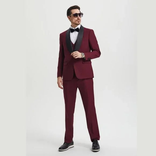 Stacy Adams 3pc Tuxedo Shawl Lapel, Burgundy Red - Men's Tuxedo USA