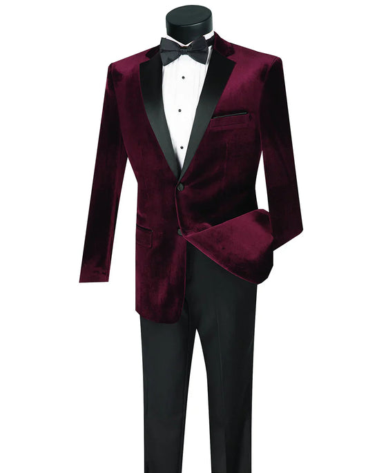 Mens Velvet Two Button Notch Prom Tuxedo in Burgundy - Men's Tuxedo USA