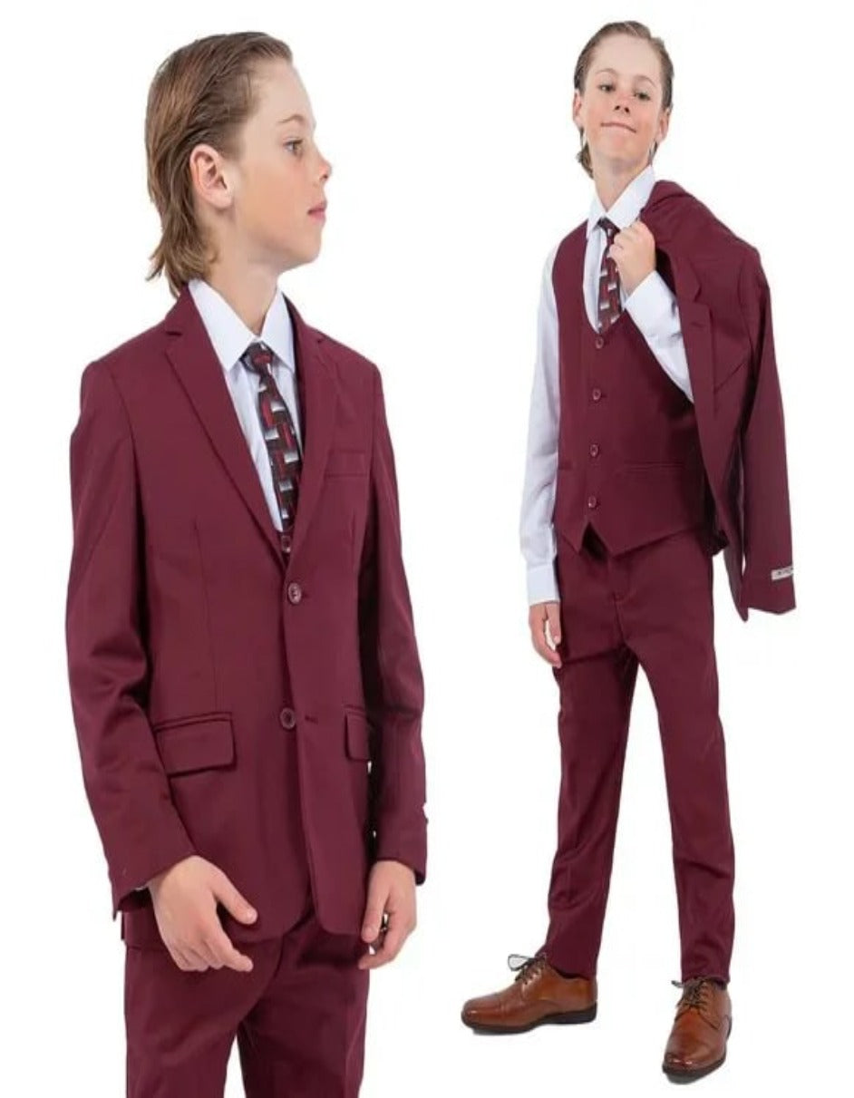 Exclusive Stacy Adams 5pc Boys Suit Solid Slim Fit, Burgundy - Men's Tuxedo USA