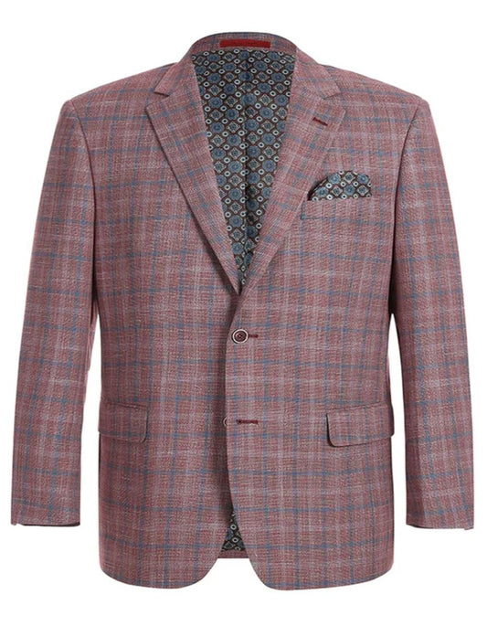 Mens Two Button Classic Fit Sport Coat Burgundy Red Windowpane Plaid Blazer - Men's Tuxedo USA