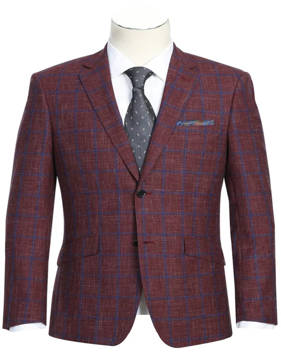 Mens Slim Fit Two Button Wool Sport Coat Burgundy and Blue Windowpane Plaid Blazer - Men's Tuxedo USA