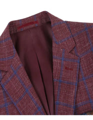 Mens Slim Fit Two Button Wool Sport Coat Burgundy and Blue Windowpane Plaid Blazer - Men's Tuxedo USA