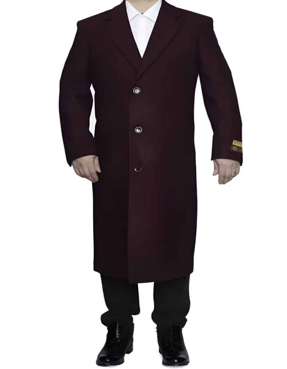 Mens Overcoat - Topcoat For Men - Winter Fabric - 3 Button Ankle length Wool Dress Top Coat/Overcoat In Burgundy - Men's Tuxedo USA