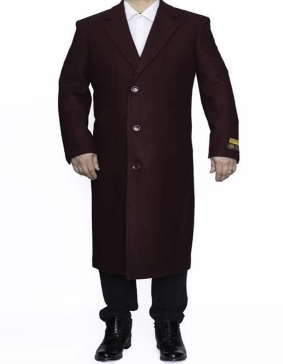 Mens Overcoat - Topcoat For Men - Winter Fabric - Long men's Dress Topcoat - Winter coat 4XL 5XL 6XL Burgundy ~ Wine ~ Maroon Big and Tall Large Man ~ Plus Size Three Button Overcoat - Men's Tuxedo USA