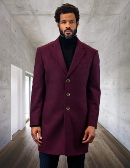 Mens Overcoat - Topcoat For Men - Winter Fabric - Statement Burgundy Overcoat - Men's Tuxedo USA