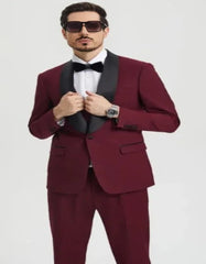 Burgundy Tuxedo - Maroon Burgundy Color - Mens One Button Shawl Lapel Matching Pants and Vest Tuxedo in Burgundy