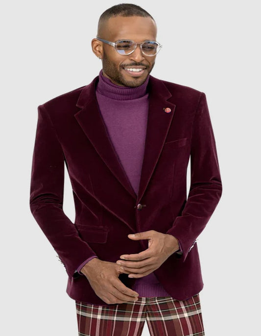 Mens Two Button Modern Fit Burgundy Velvet Blazer - Men's Tuxedo USA