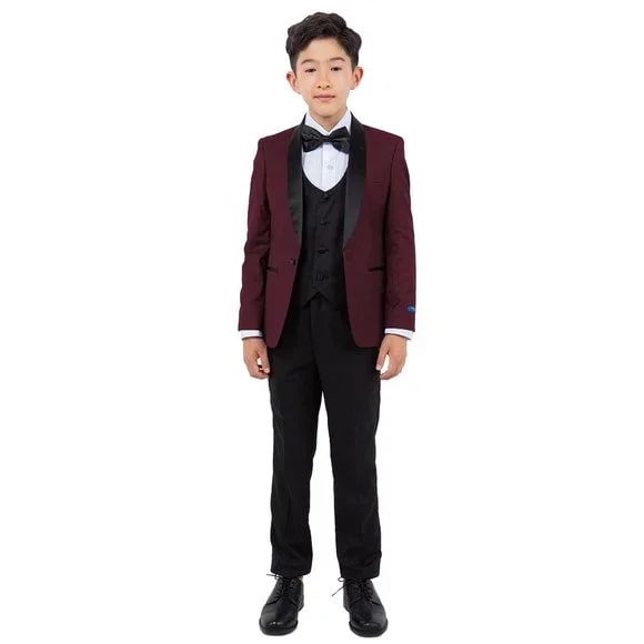 New Perry Ellis Boys Burgundy Tuxedo Set, Solid 5-Piece Black Shawl Collar - Men's Tuxedo USA