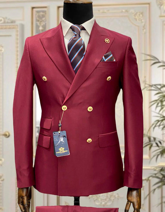 Mens Designer Modern Fit Double Breasted Wool Suit with Gold Buttons in Light Burgundy - Men's Tuxedo USA