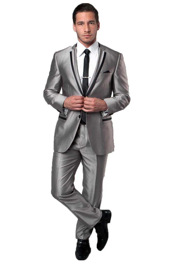 Mens Gray Tuxedo - Grey Wedding Suit-Men'S Two Button Slim Fit Wedding & Prom Tuxedo Suit In Shiny Silver Sharkskin With Black Piping - Men's Tuxedo USA