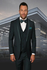 Statement Men's Hunter with Trim Lapel Vested 100% Wool Tuxedo - Men's Tuxedo USA