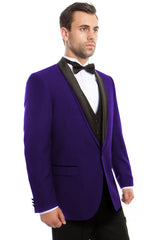 Men's One Button Vested Satin Trimmed Shawl Lapel Tuxedo in Purple - Men's Tuxedo USA