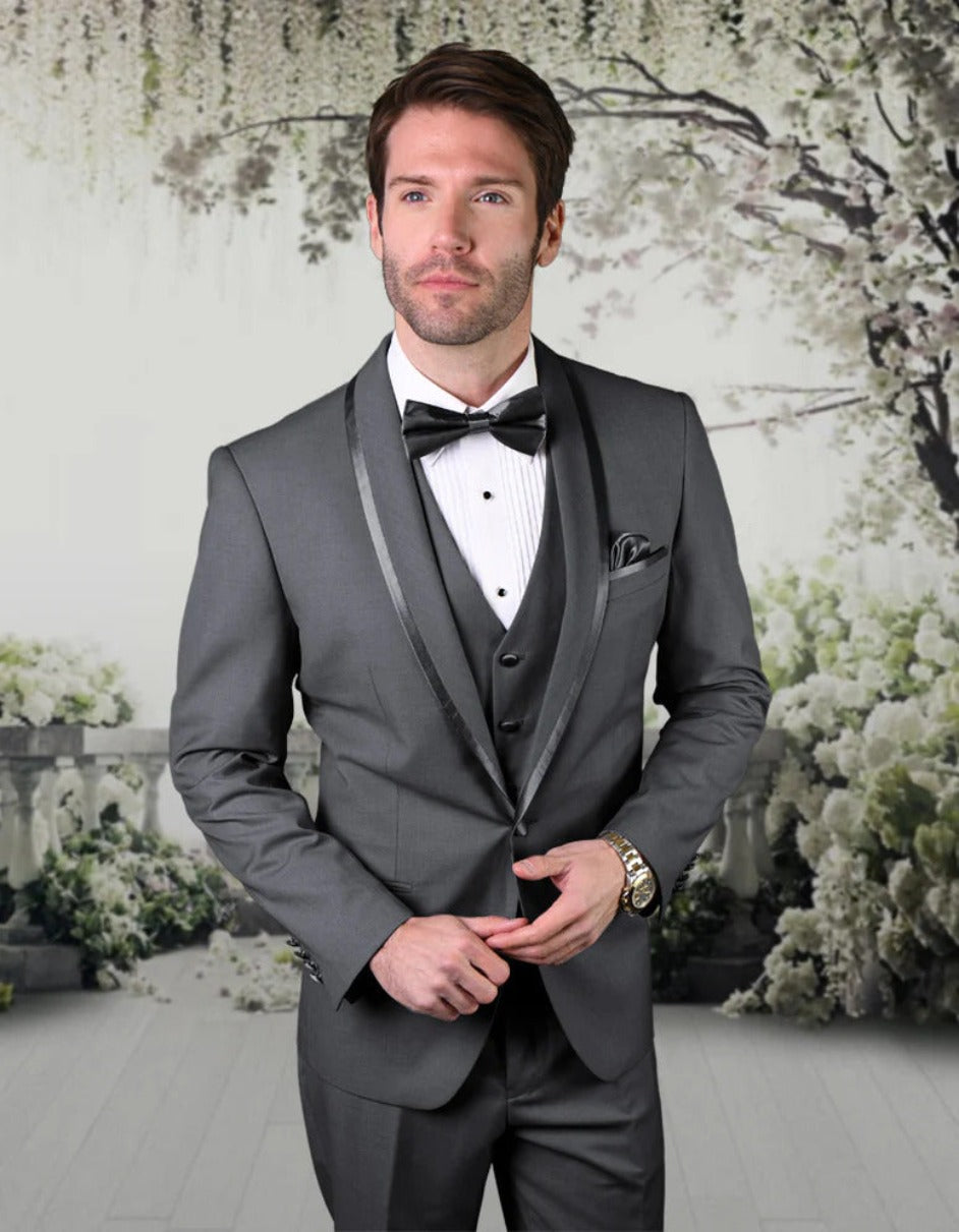 Statement Men's Charcoal Vested with Shawl Lapel Tuxedo and Bowtie - Men's Tuxedo USA