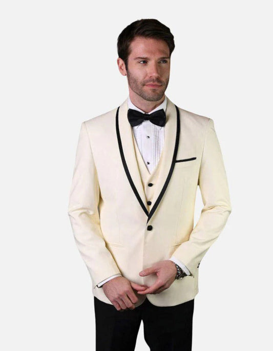 Statement Men's White Vested with Black Trim Fine Lapel 100% Wool Tuxedo - Men's Tuxedo USA