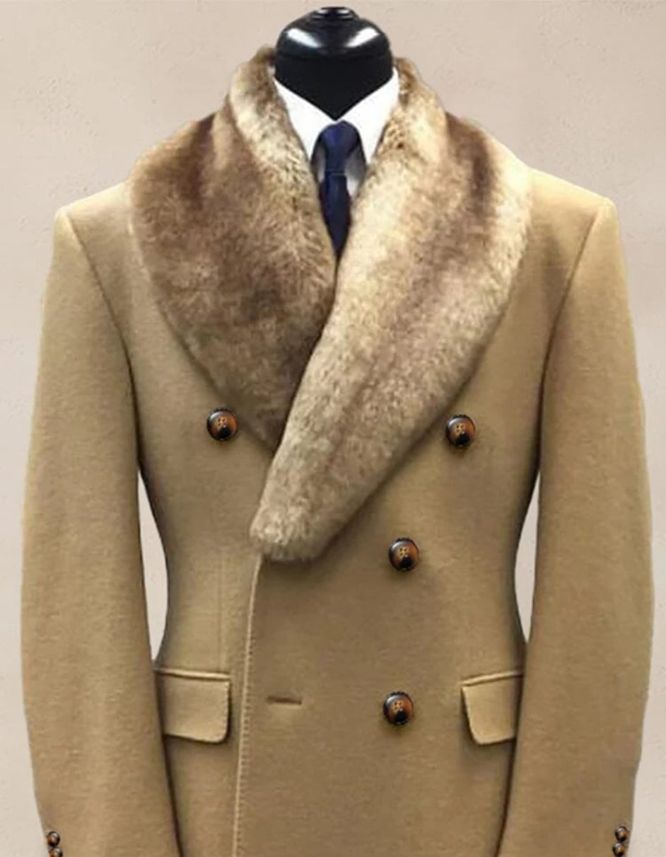 Camel Hair Overcoat - Peacoat With Fur Collar - Double Breasted Wool And Cashmere Alberto Nardoni Car Coat - Men's Tuxedo USA