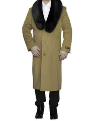 Mens Overcoat - Topcoat For Men - Winter Fabric - Removable Fur Collar Ankle length Wool Top Coat/Overcoat Camel | Winter men's Topcoat Sale - Men's Tuxedo USA