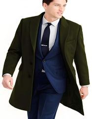 Mens Wool Carcoat - Olive Green Three Quarter Peak Lapel Topcoat - Men's Tuxedo USA