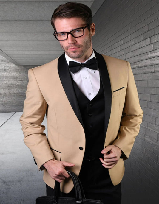 Mens Khaki Color Tuxedo - Mens Vested Classic Dinner Jacket Champagne Tan Wedding Tuxedo - Men's Tuxedo USA