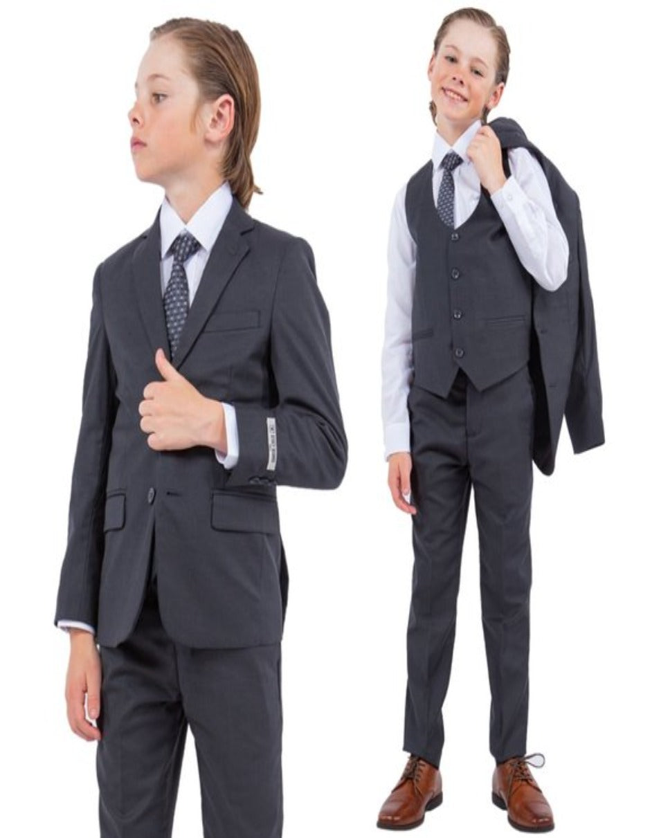 Exclusive Stacy Adams 5pc Boys Suit Solid Slim Fit, Charcoal Grey - Men's Tuxedo USA