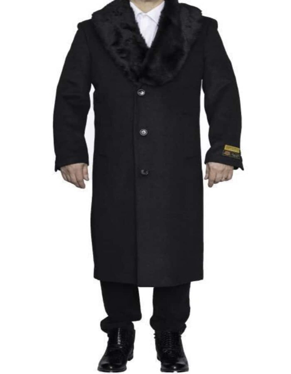 Mens Overcoat - Topcoat For Men - Winter Fabric - Dark Charcoal Grey Ankle length Big and Tall Large Man ~ Plus Size Removable Fur Collar Overcoat Three Button Long men's Dress Topcoat - Winter coat 4XL 5XL 6XL Full Length 48 Long - Men's Tuxedo USA