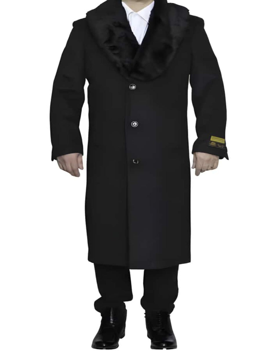 Mens Overcoat - Topcoat For Men - Winter Fabric - Removable Fur Collar Dark Charcoal Grey Ankle length Wool Dress Top Coat/Overcoat - Mens Overcoat - Men's Tuxedo USA