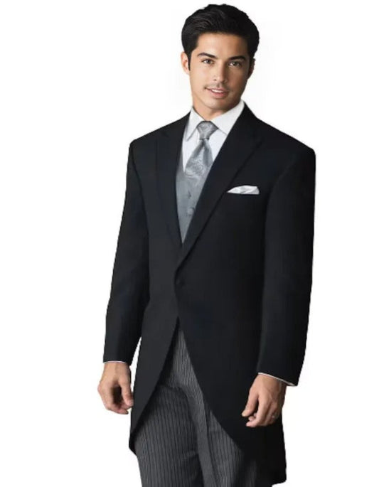 Cutaway Tuxedo - Black Peak Lapel Long Single Breasted Suit Perfect For Wedding or Musicians