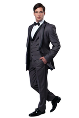 Mens Gray Tuxedo - Grey Wedding Suit-Mens One Button Satin Trimmed Peak Lapel Vested Fancy Tuxedo In Charcoal Grey - Men's Tuxedo USA