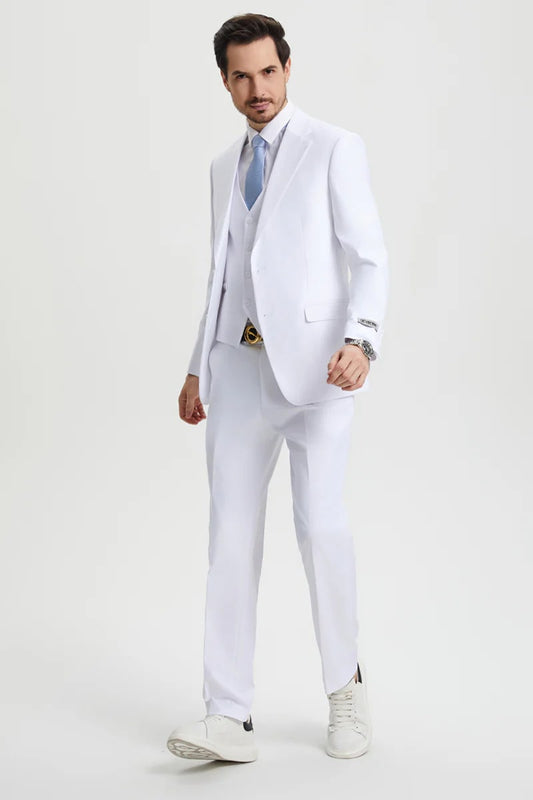 Men's Two Button Vested Stacy Adams Basic Designer Suit in White - Men's Tuxedo USA