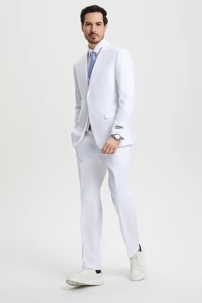 Men's Two Button Vested Stacy Adams Basic Designer Suit in White - Men's Tuxedo USA