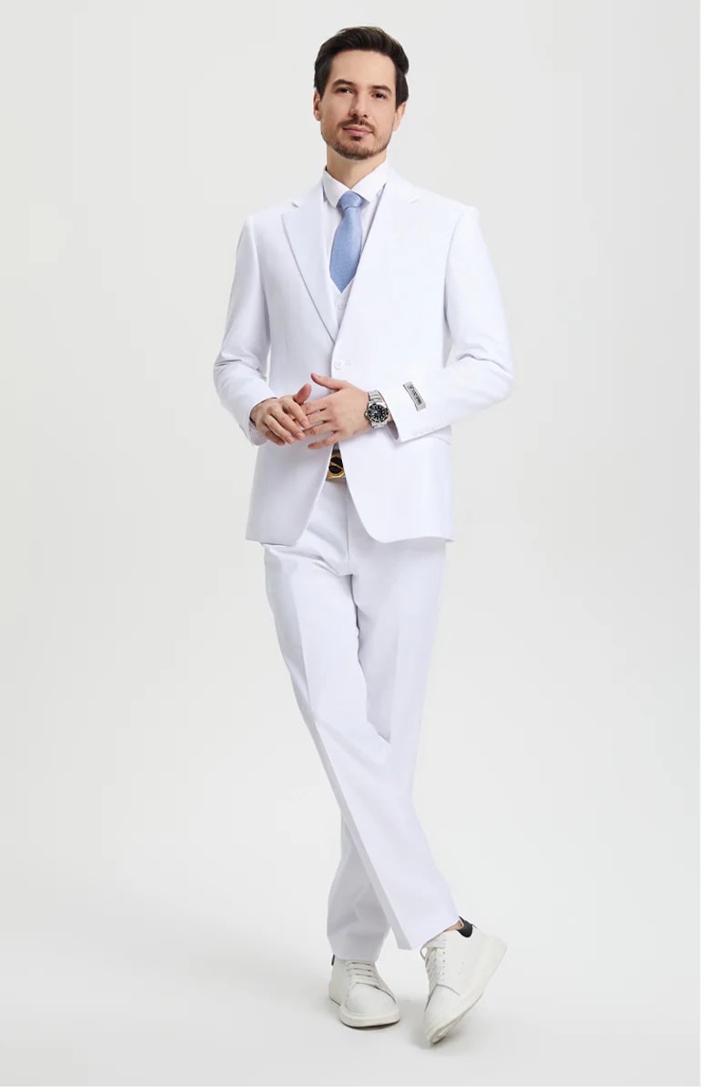 Men's Two Button Vested Stacy Adams Basic Designer Suit in White - Men's Tuxedo USA