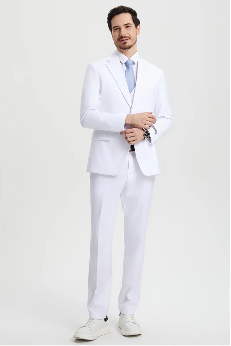 Men's Two Button Vested Stacy Adams Basic Designer Suit in White - Men's Tuxedo USA