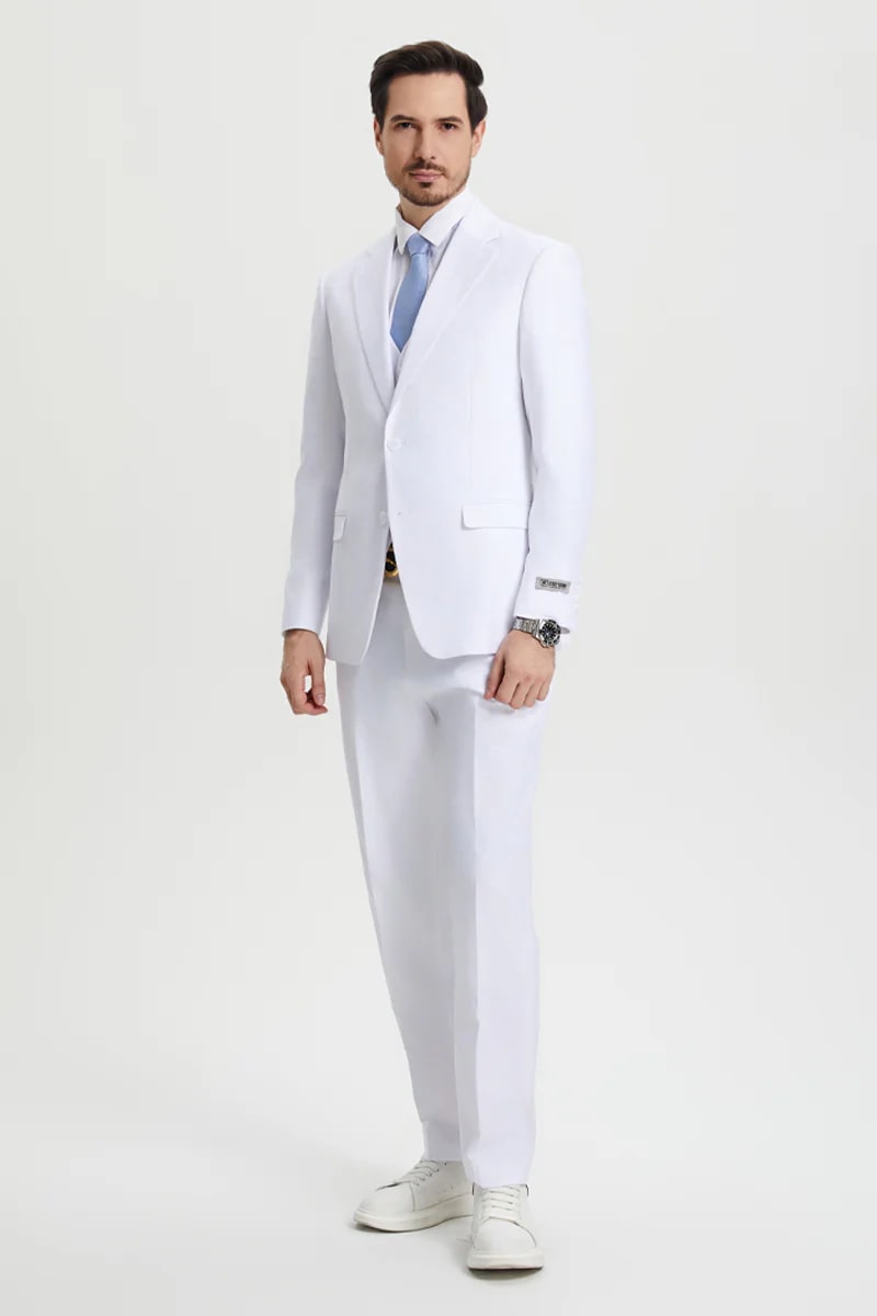 Men's Two Button Vested Stacy Adams Basic Designer Suit in White - Men's Tuxedo USA