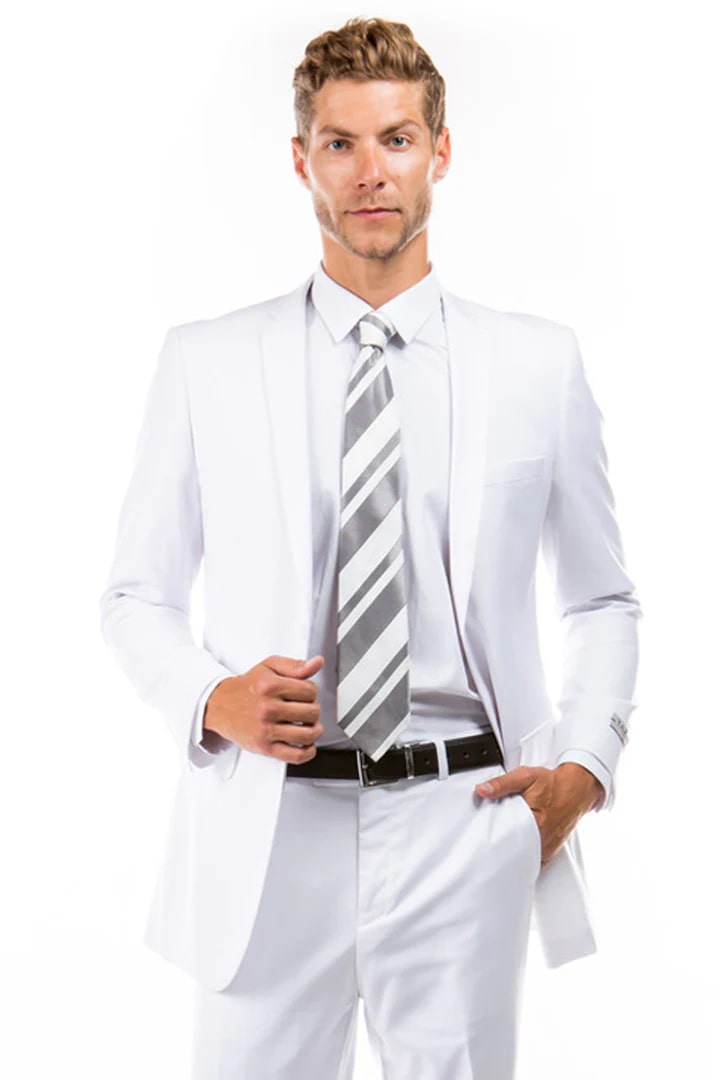 White Wedding Suit For Men - Perfect For Groom - Men's Basic 2 Button Slim Fit Wedding Suit In White - Men's Tuxedo USA