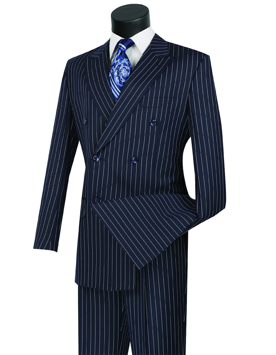 Mens Double Breasted Gangster Pinstripe Suit in Navy Blue - Men's Tuxedo USA