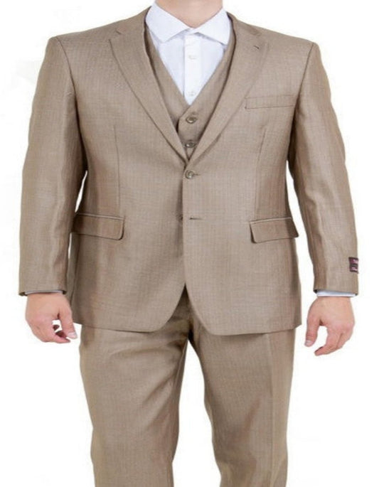 Mens Dark Tan 3 Piece Sharkskin Suit Single Breasted Modern Fit Notch Lapel - Men's Tuxedo USA