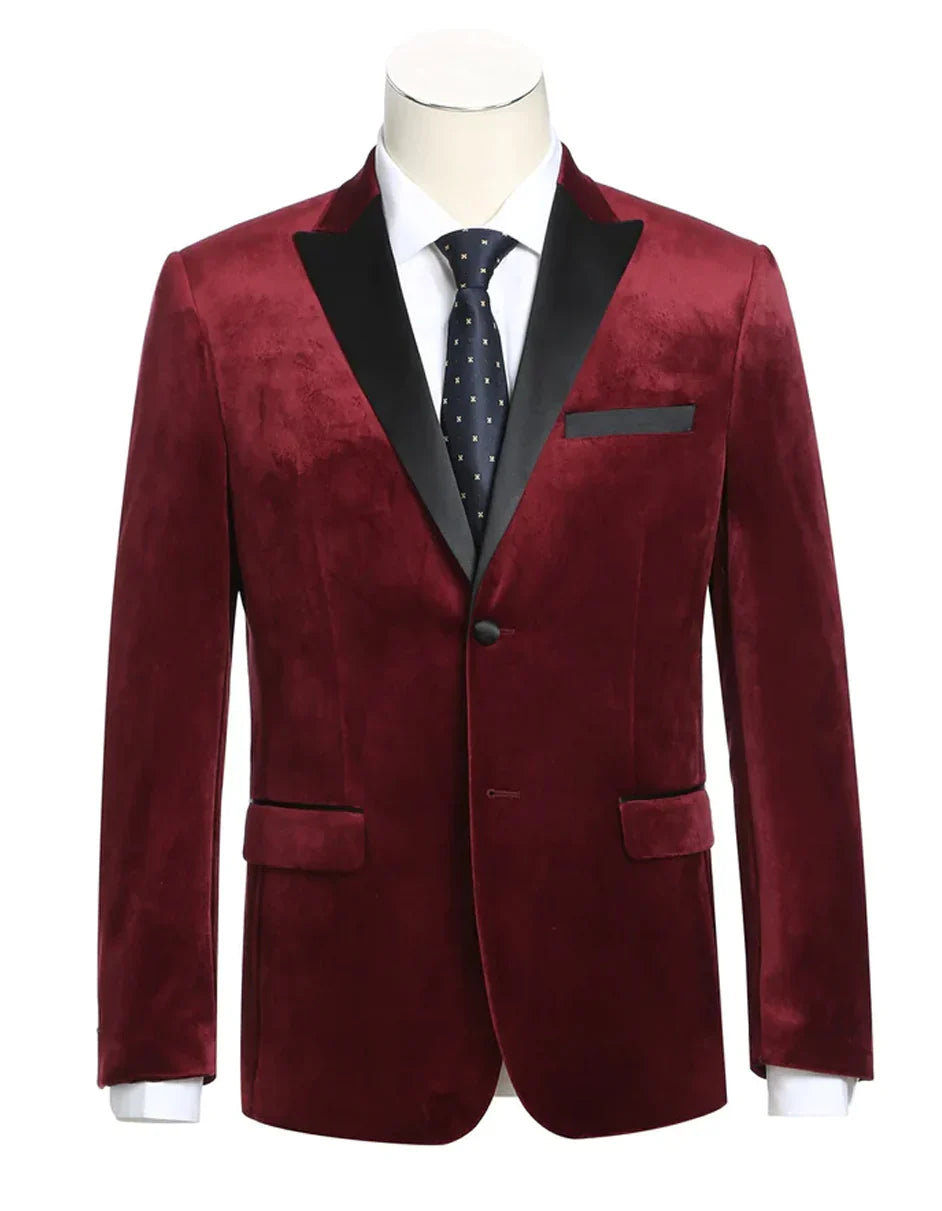 Mens Classic Velvet Fabric Tuxedo Dinner Jacket in Dark Burgundy - Men's Tuxedo USA