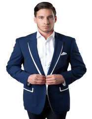 Men's One Button Dark Blue With White Trim Summer Blazer - Men's Tuxedo USA