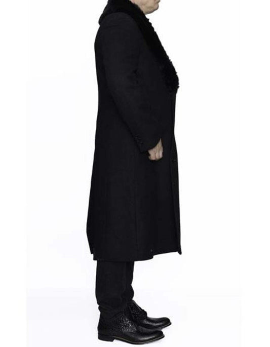 Removable Fur Collar Ankle length Black Full Length Wool Dress Top Coat/Overcoat - Men's Tuxedo USA