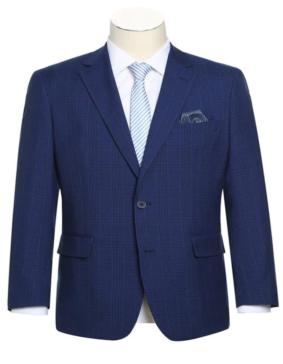 Mens Two Button Classic Fit Sport Coat  Dark Navy Blue Windowpane Plaid Blazer - Men's Tuxedo USA