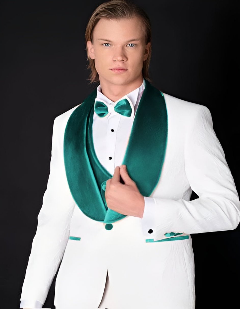 White and Teal Blue Tuxedo - Wedding Groom Suit + Bowtie & Vest - Men's Tuxedo USA