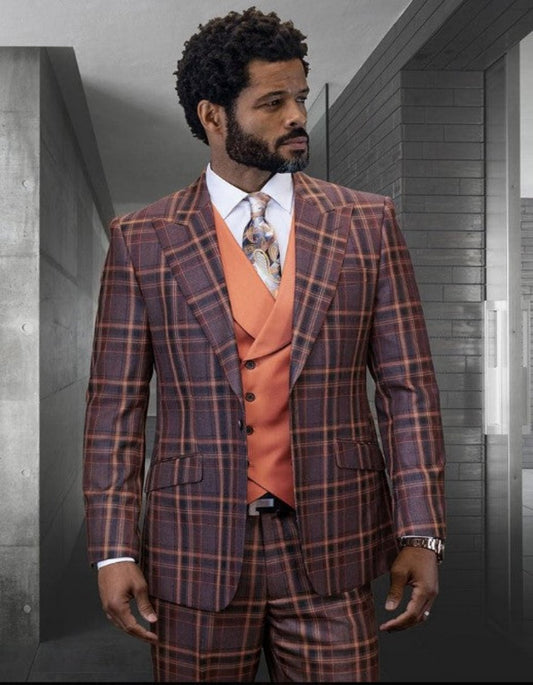 Statement Confidence Designer Suit - Copper - Orange - Super 150's Wool Suit 1 Button Peak Lapel Double Breasted Vest Rust Color  Perfect Fro Church - Men's Tuxedo USA