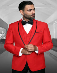 Mens One Button Vested Satin Trim Shawl Wedding and Prom Tuxedo in Red