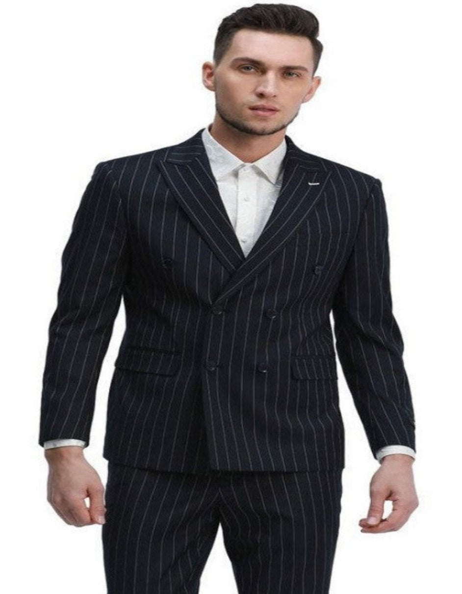 Mens Skinny Fit Double Breasted Pinstripe Suit Navy Peak Lapel Slim Fit - Men's Tuxedo USA